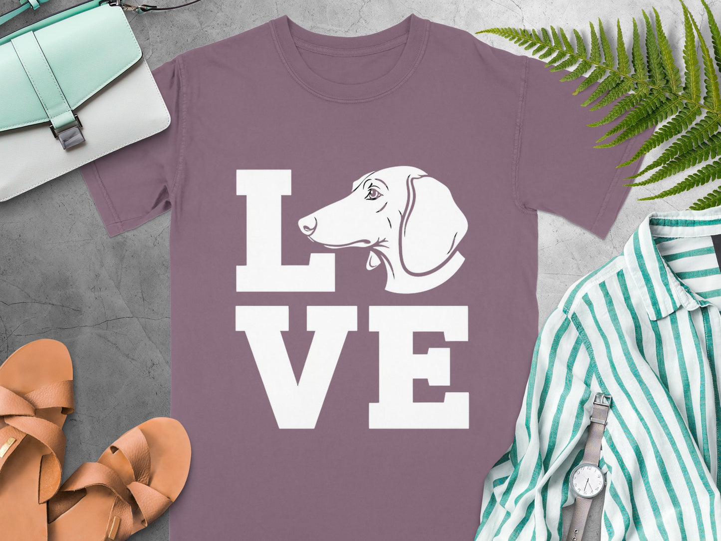 LOVE Dog Design Graphic on Purple T-Shirt