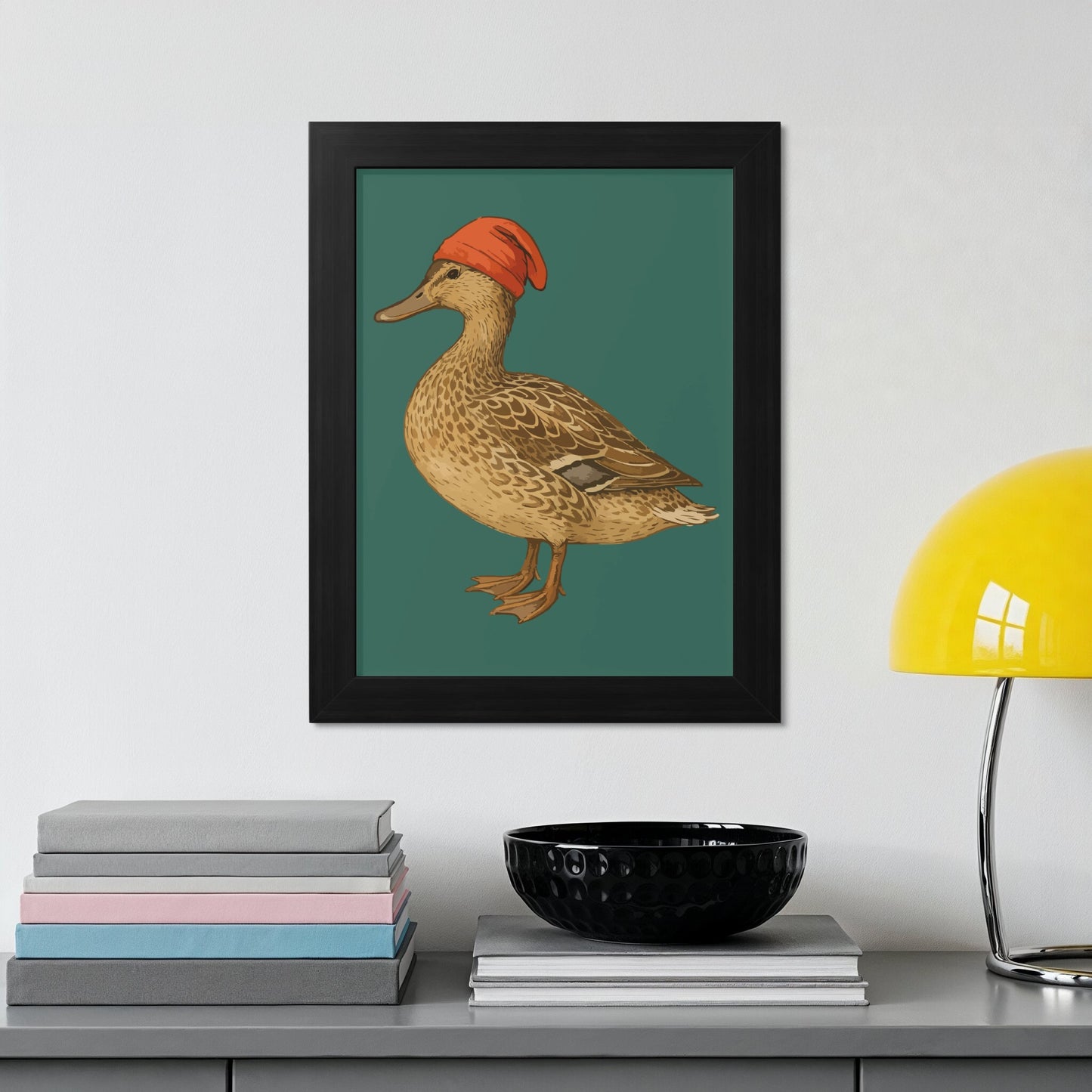Duck Wearing Red Hat Artwork in Black Frame product