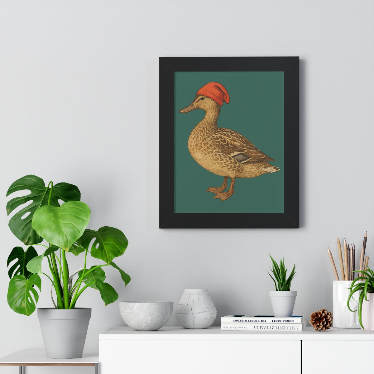 Duck Art Print with Red Hat Wall Decor Poster
