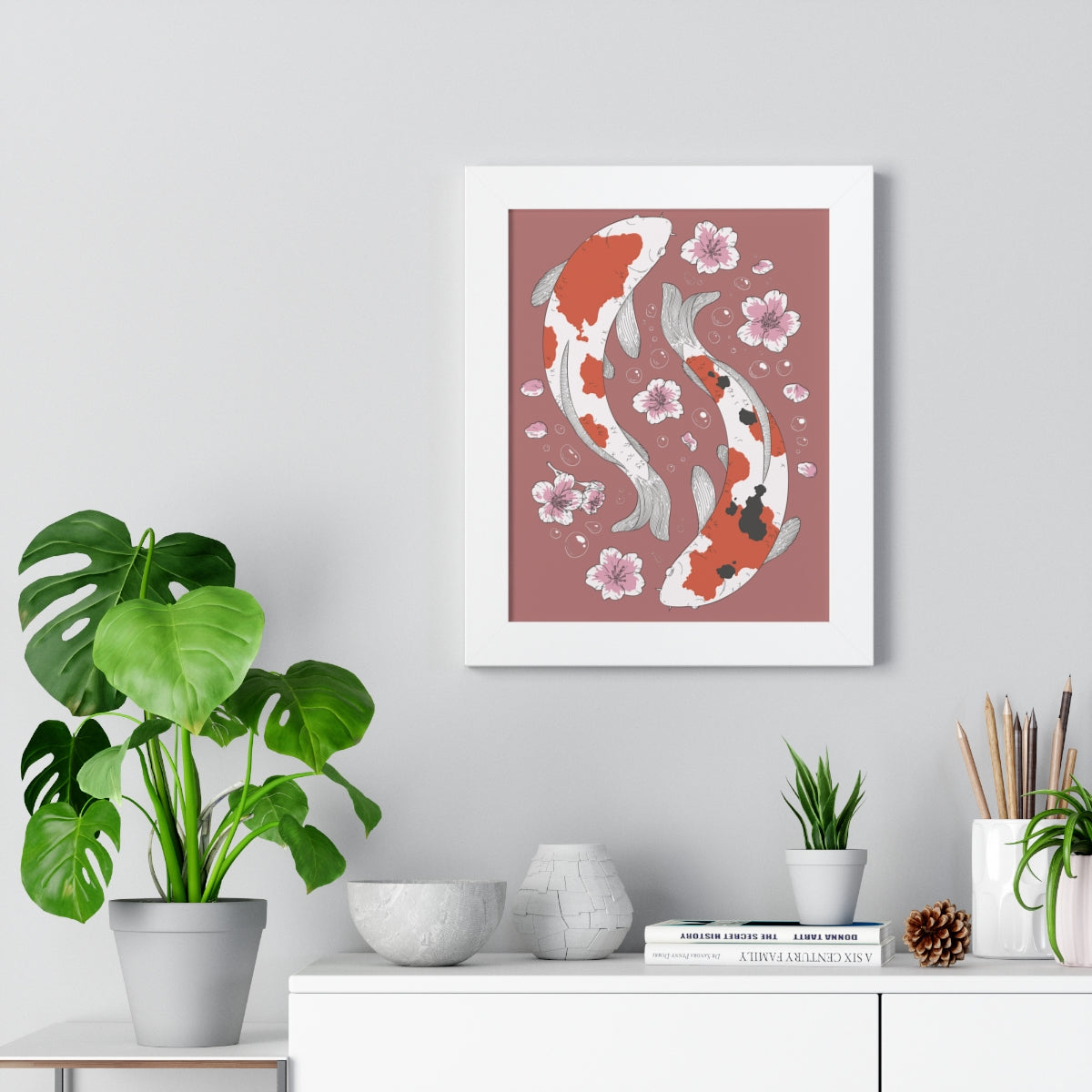 Koi Fish and Cherry Blossoms Framed Wall Art Decor