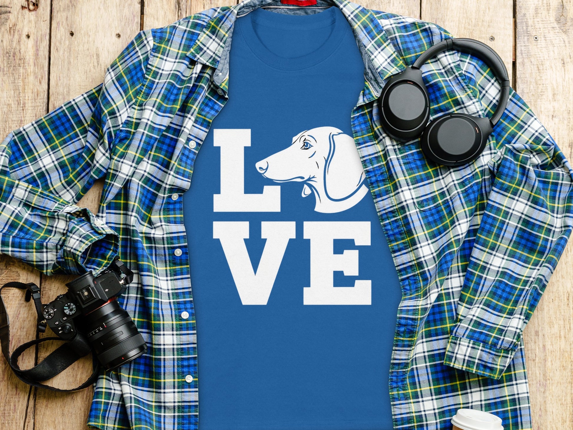 Blue T-shirt with Love and Dog Graphic Design Product
