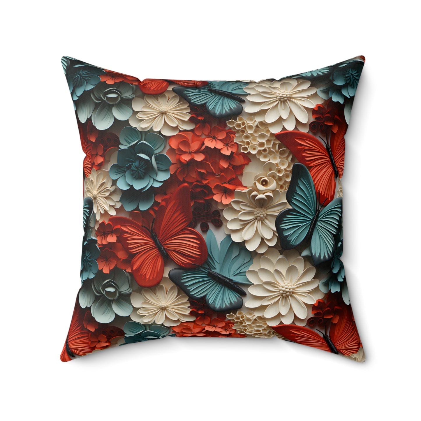 3D Butterflies and Flowers Spun Square Pillow