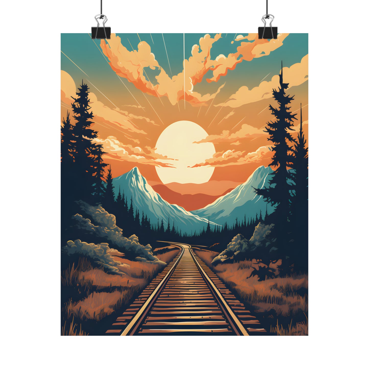 Mountain, Sunset and Train Track view Matte Vertical Posters