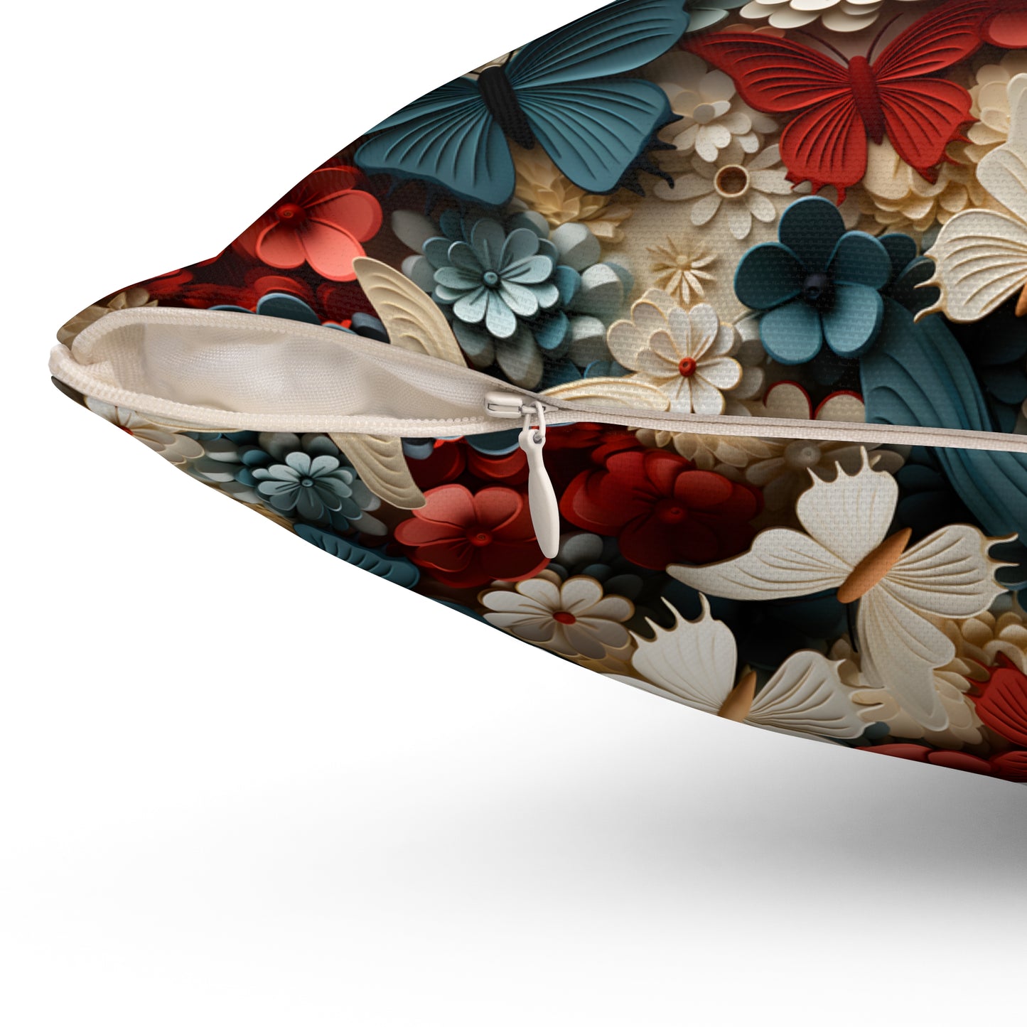 3D Butterflies and Flowers Spun Square Pillow