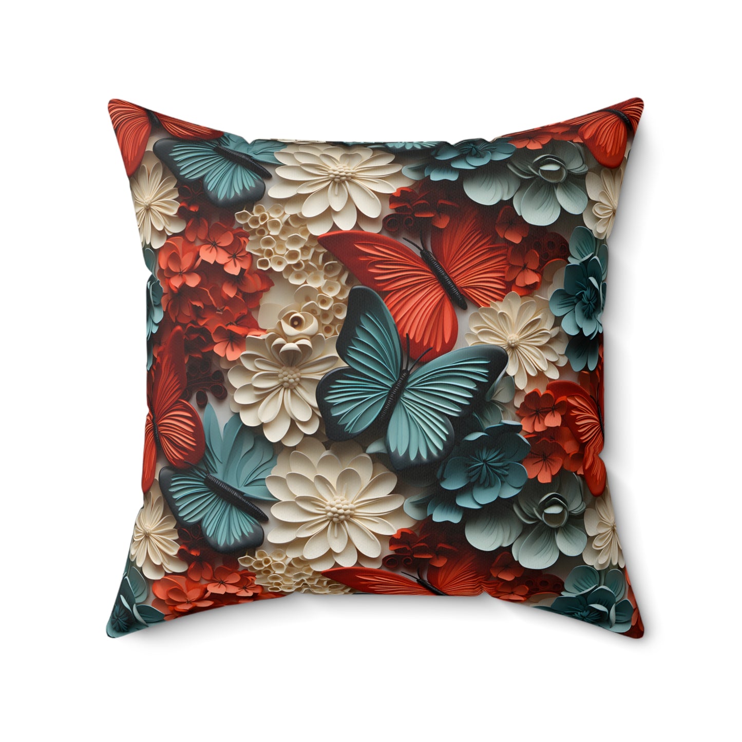 3D Butterflies and Flowers Spun Square Pillow