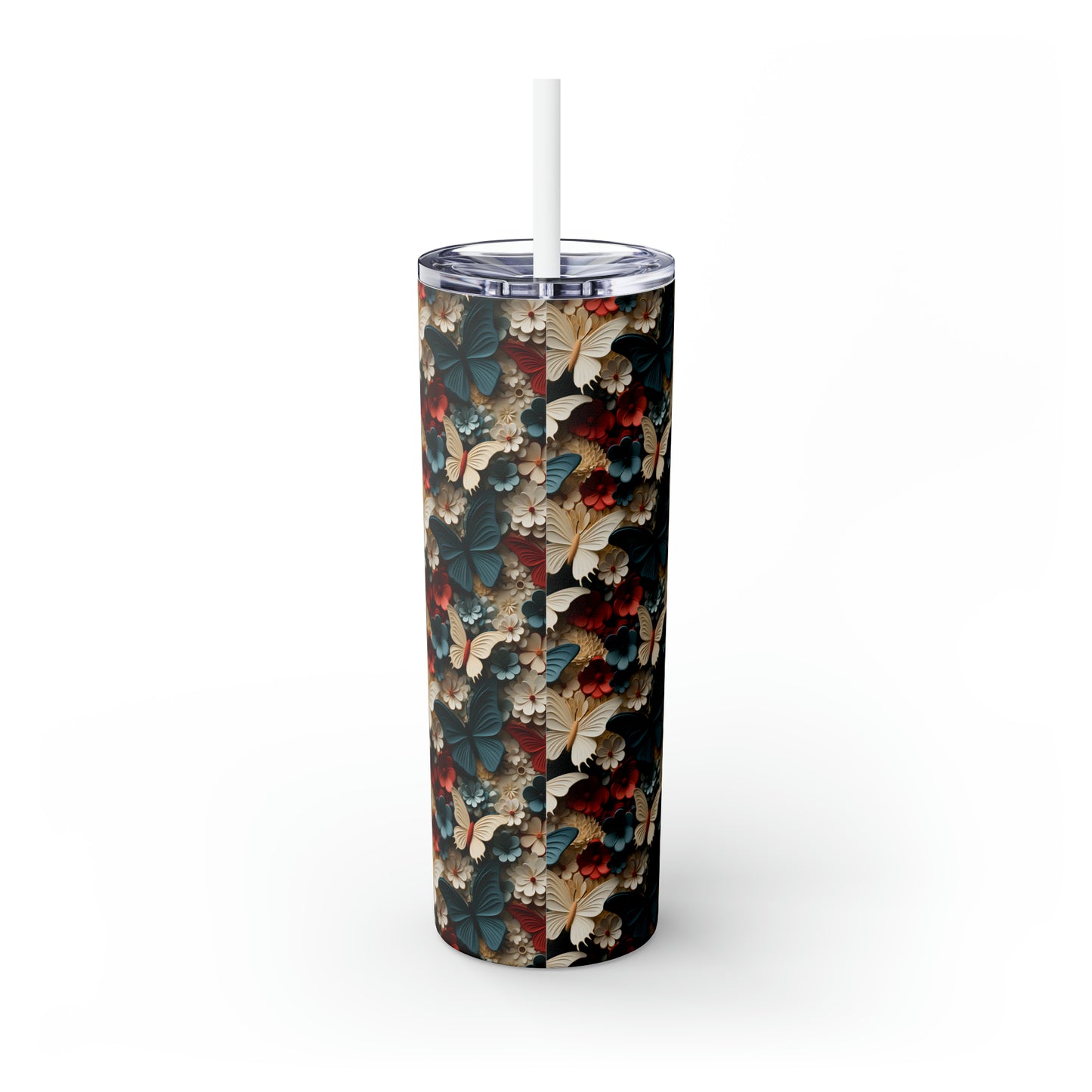 3D Flowers and Butterflies Skinny Tumbler with Straw, 20oz