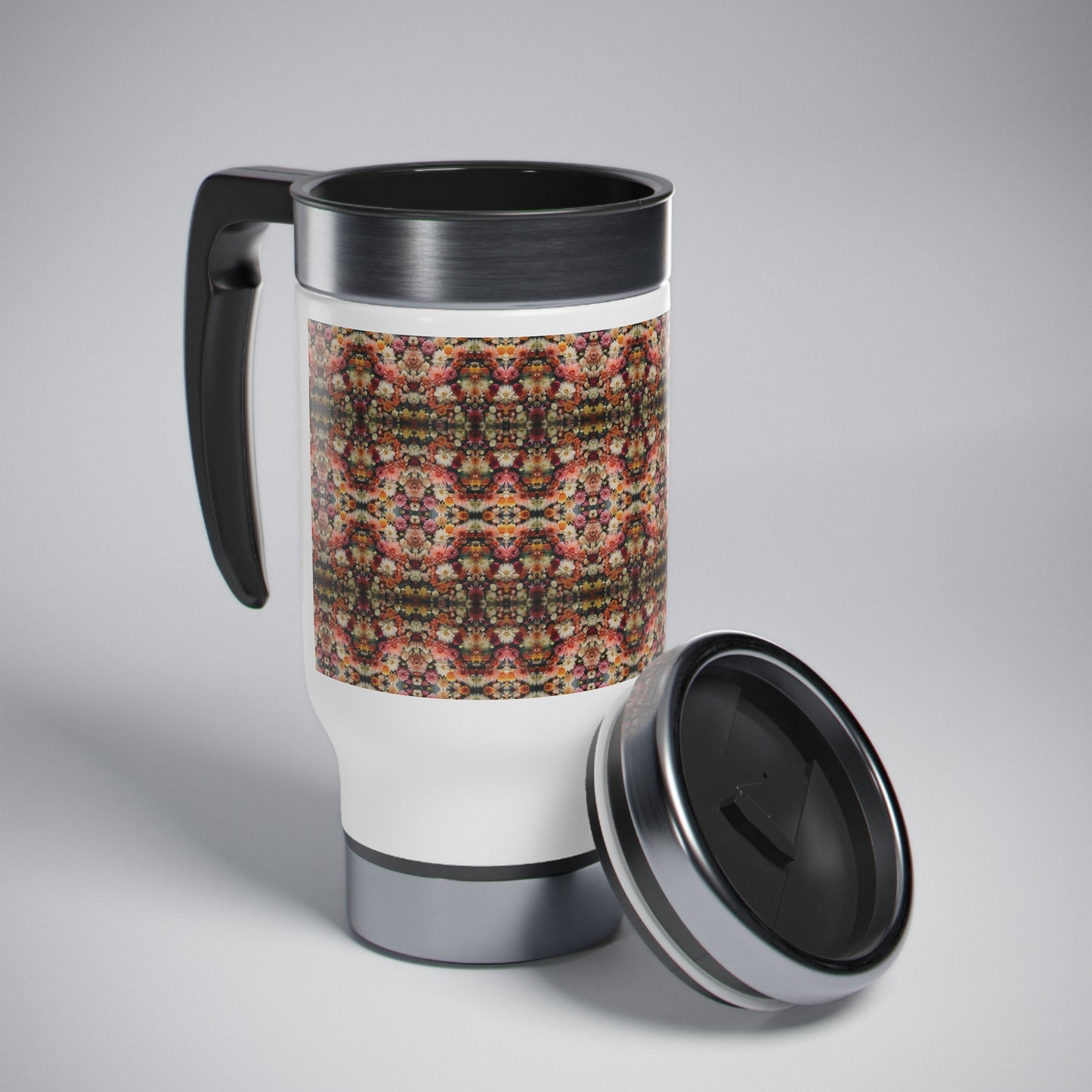 3D flowers Pattern Stainless Steel Travel Mug with Handle, 14oz