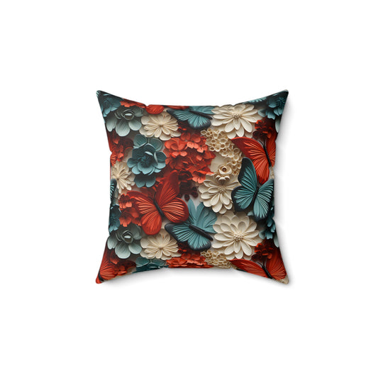 3D Butterflies and Flowers Spun Square Pillow