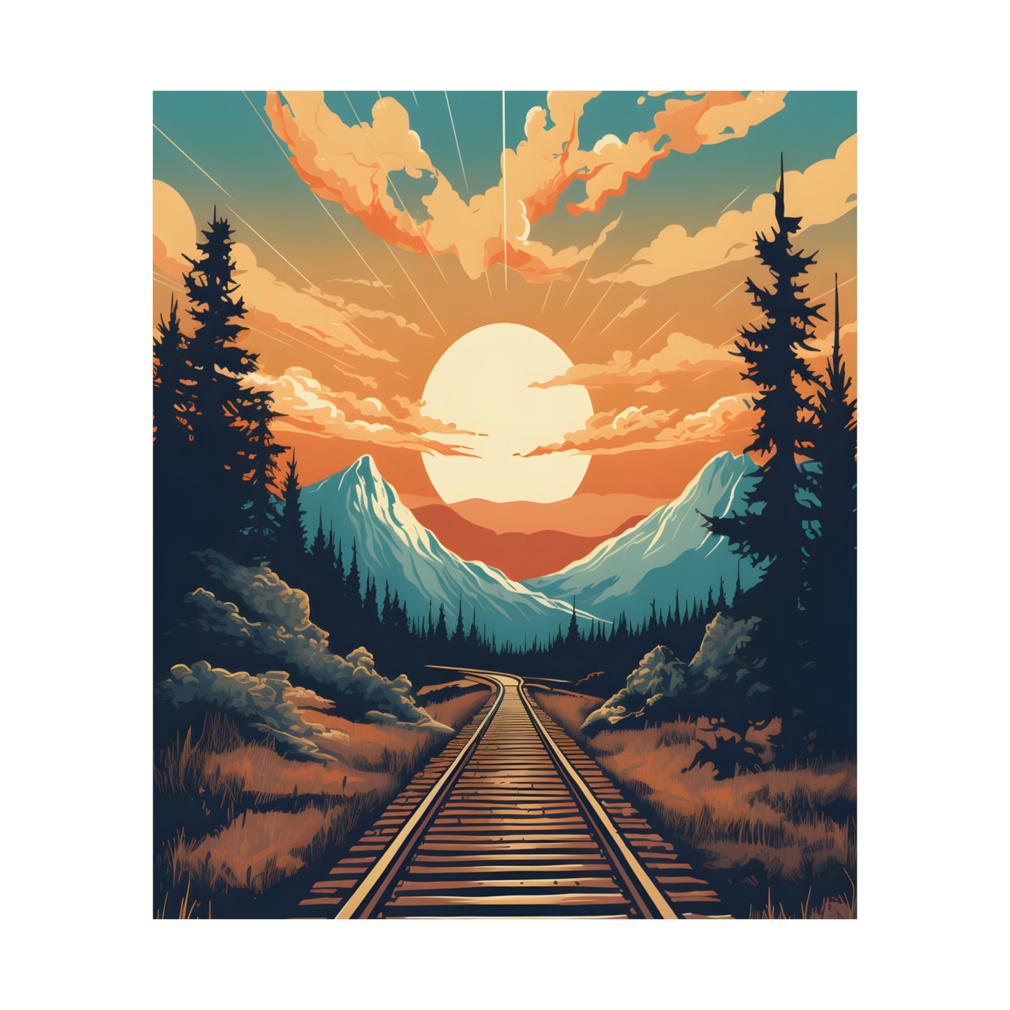 Mountain, Sunset and Train Track view Matte Vertical Posters