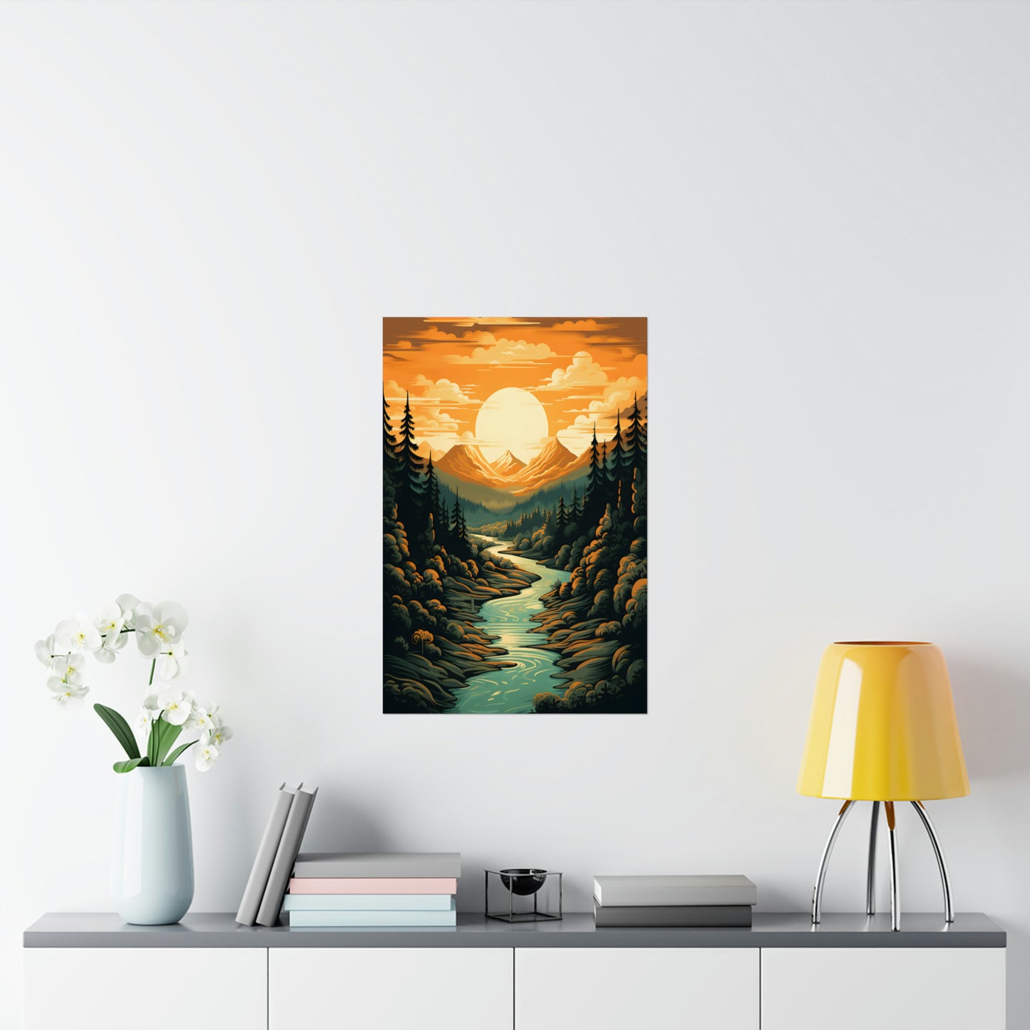 Mountain, River and Sunset view Matte Vertical Posters