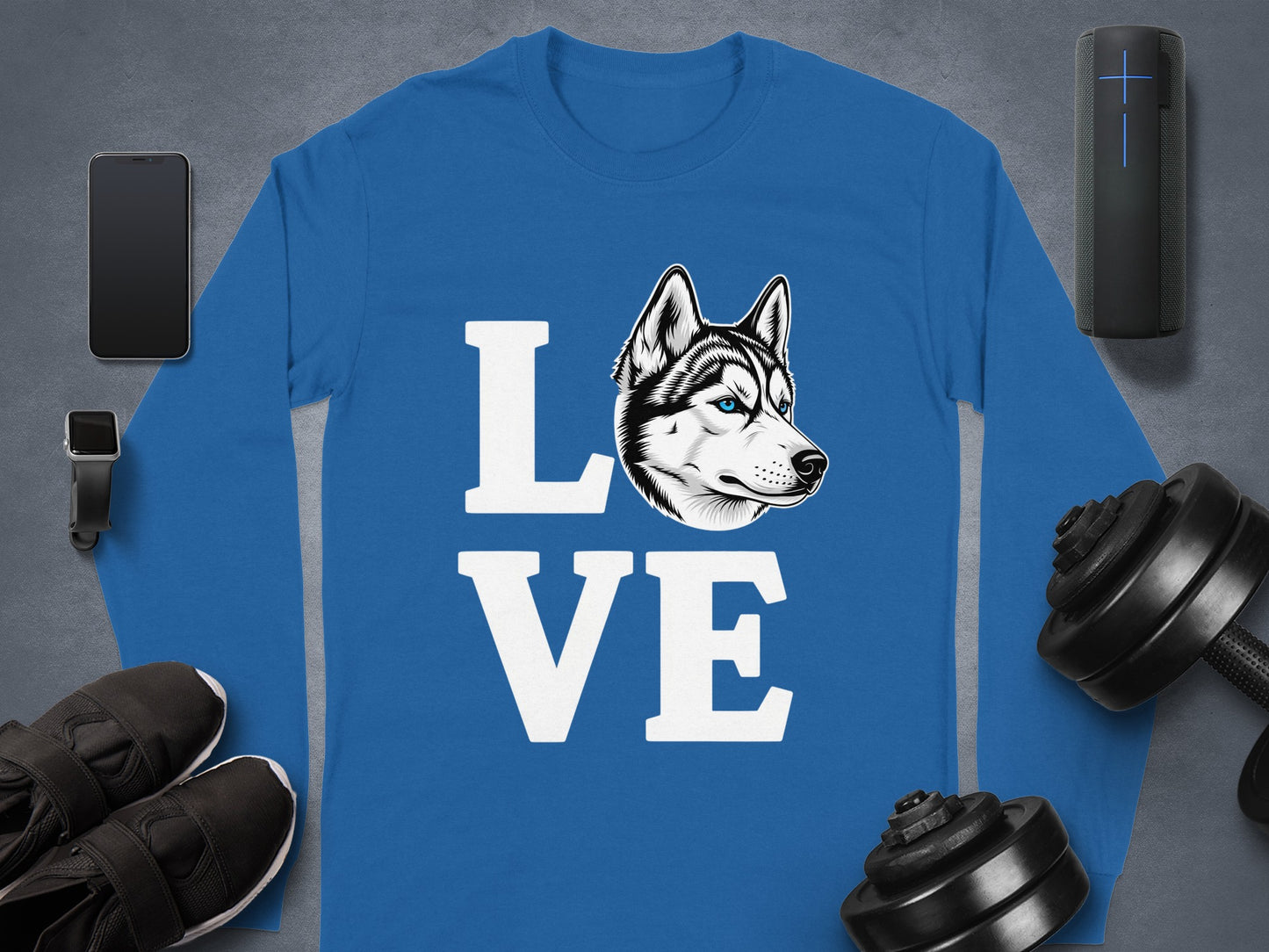 Blue Shirt with Husky Love Design Long Sleeve Tee