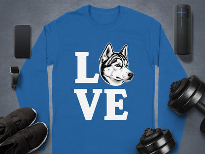 Blue Shirt with Husky Love Design Long Sleeve Tee
