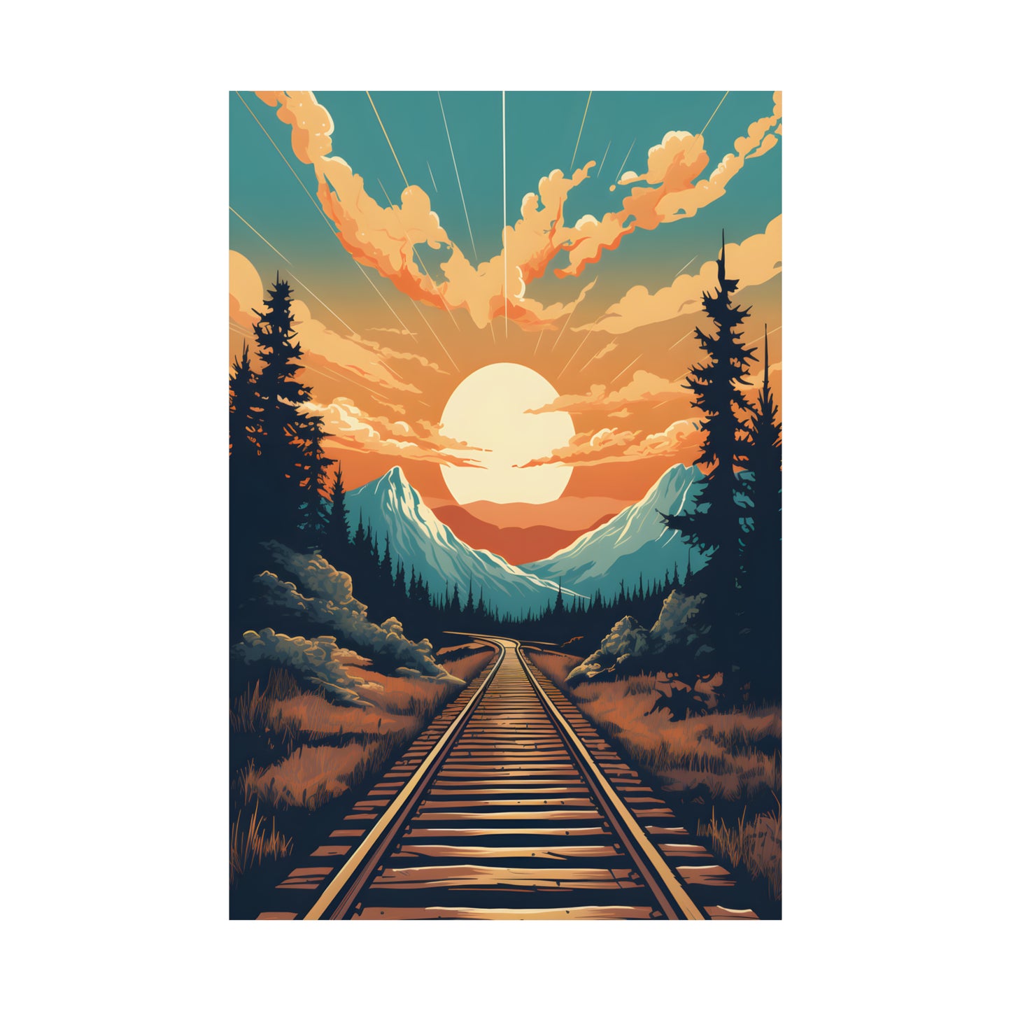 Mountain, Sunset and Train Track view Matte Vertical Posters