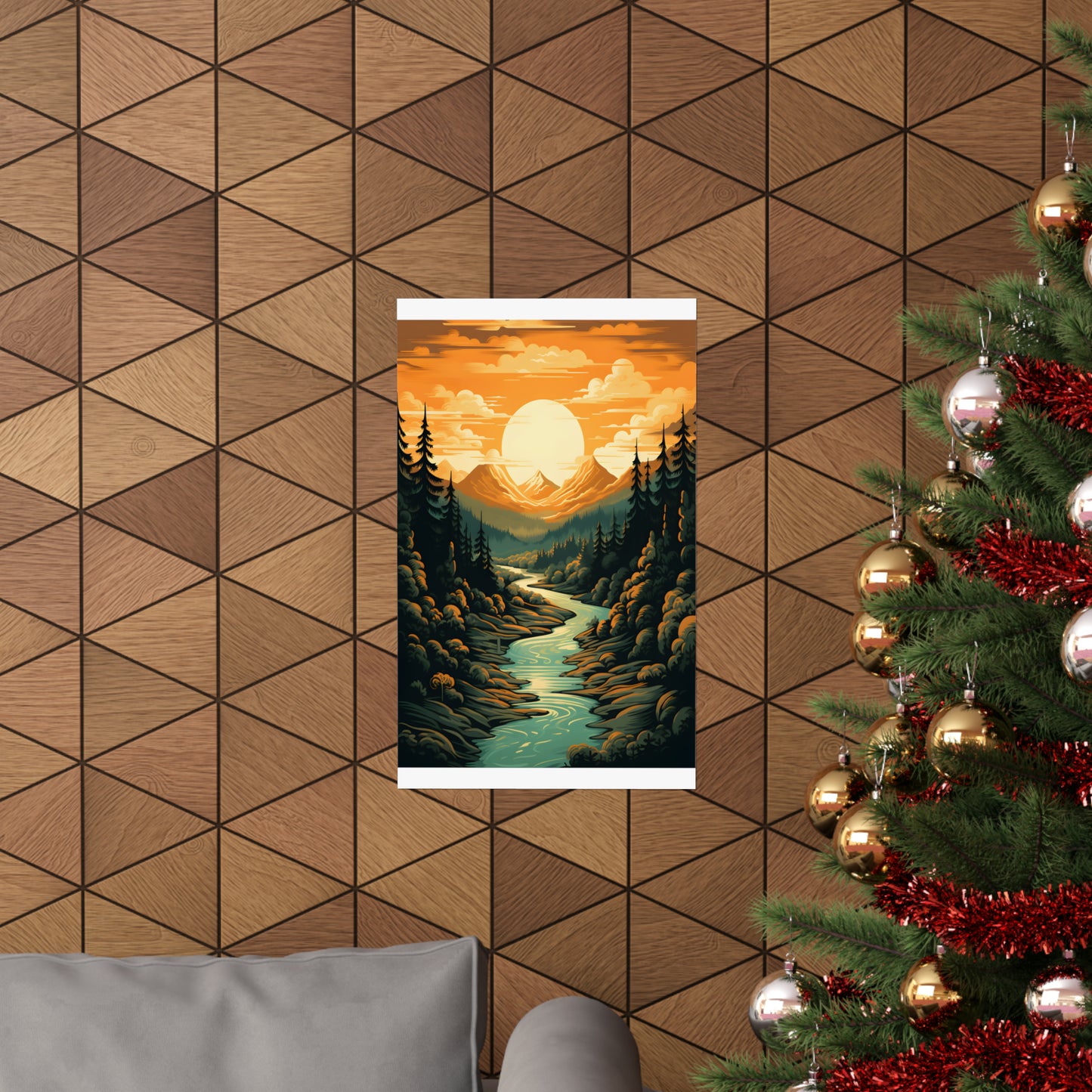 Mountain, River and Sunset view Matte Vertical Posters