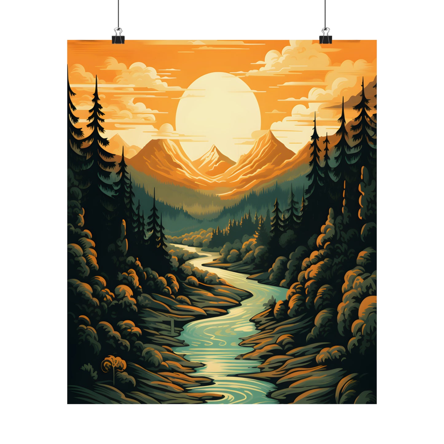 Mountain, River and Sunset view Matte Vertical Posters