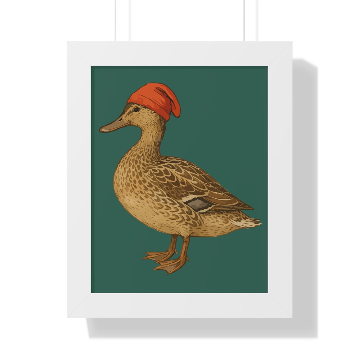 Cute Duck Wearing Red Hat Green Background Poster