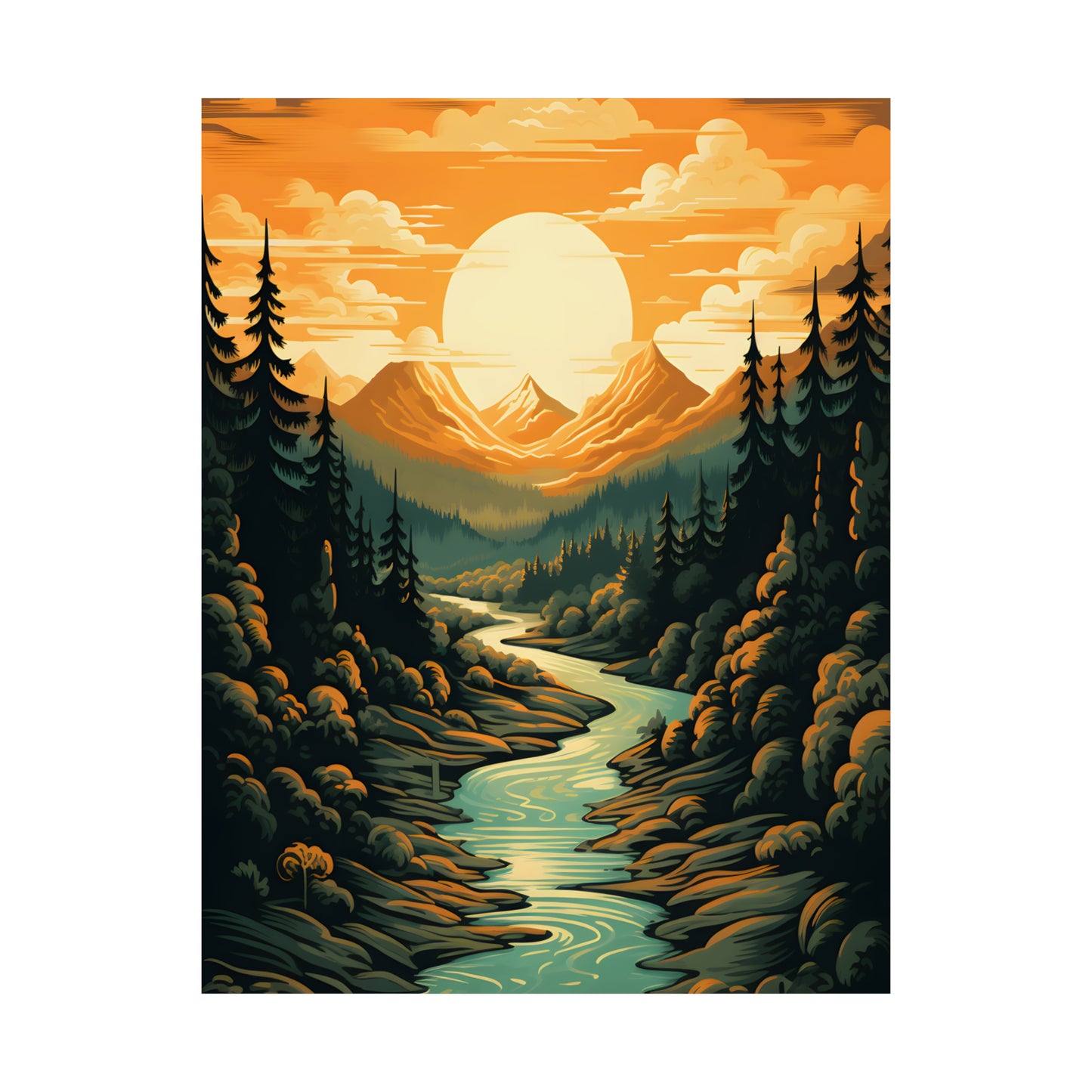 Mountain, River and Sunset view Matte Vertical Posters