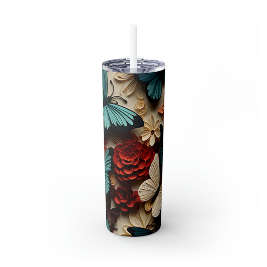 3D Flowers and Butterflies Skinny Tumbler with Straw, 20oz