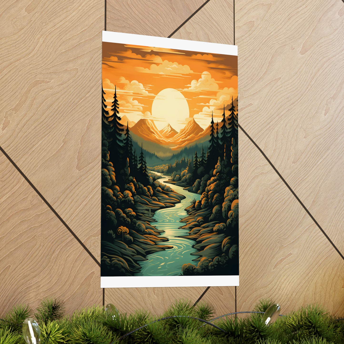 Mountain, River and Sunset view Matte Vertical Posters