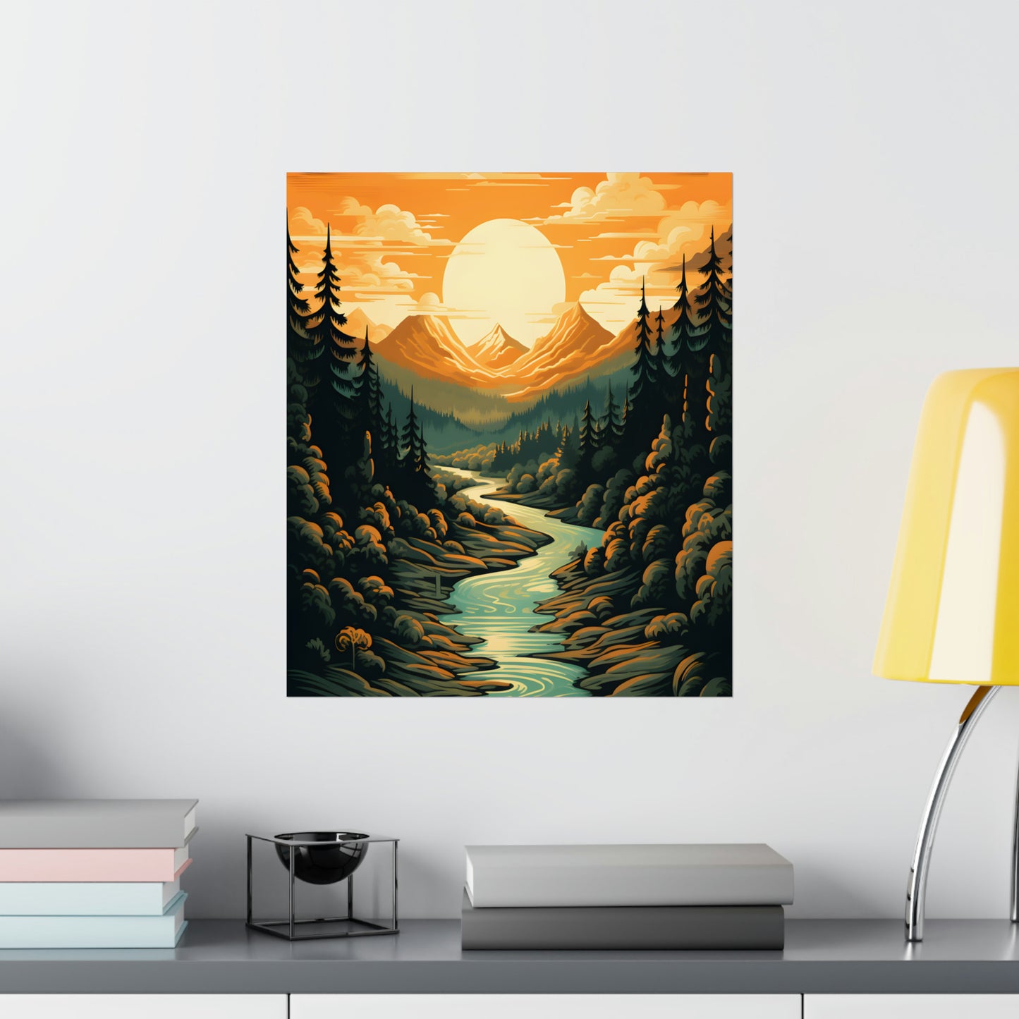 Mountain, River and Sunset view Matte Vertical Posters