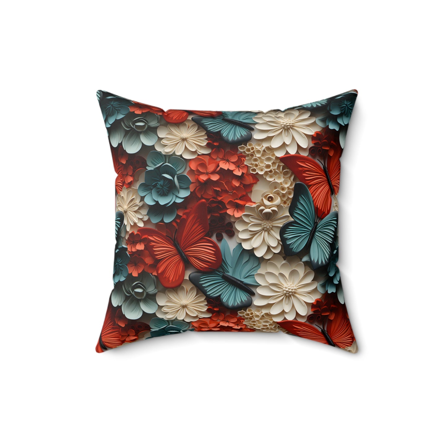 3D Butterflies and Flowers Spun Square Pillow