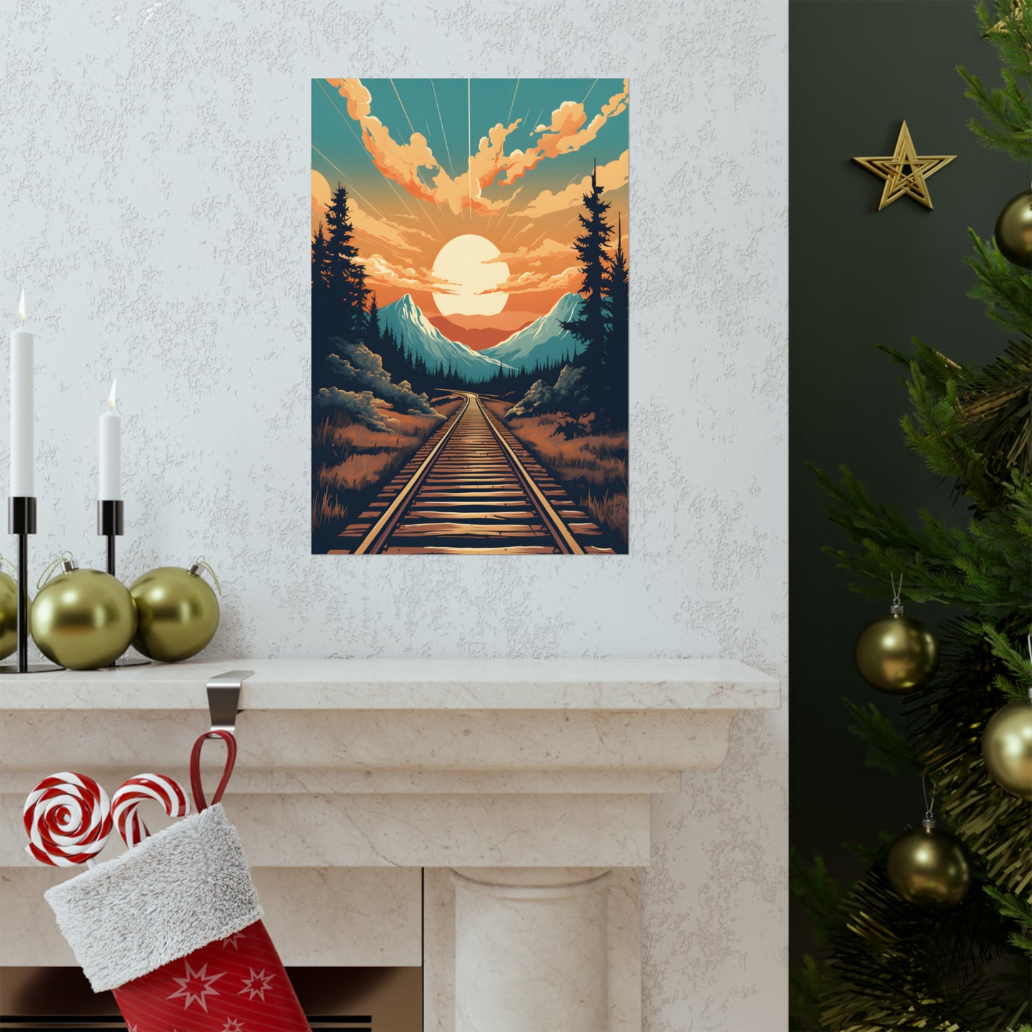 Mountain, Sunset and Train Track view Matte Vertical Posters