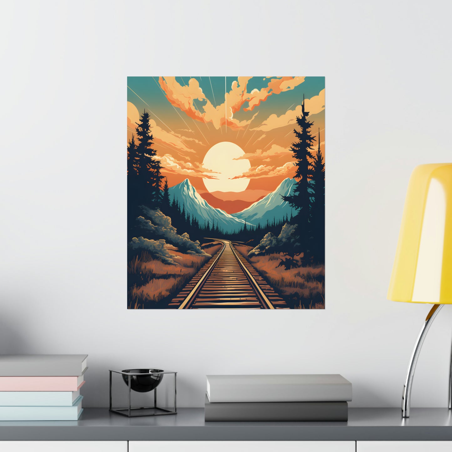 Mountain, Sunset and Train Track view Matte Vertical Posters