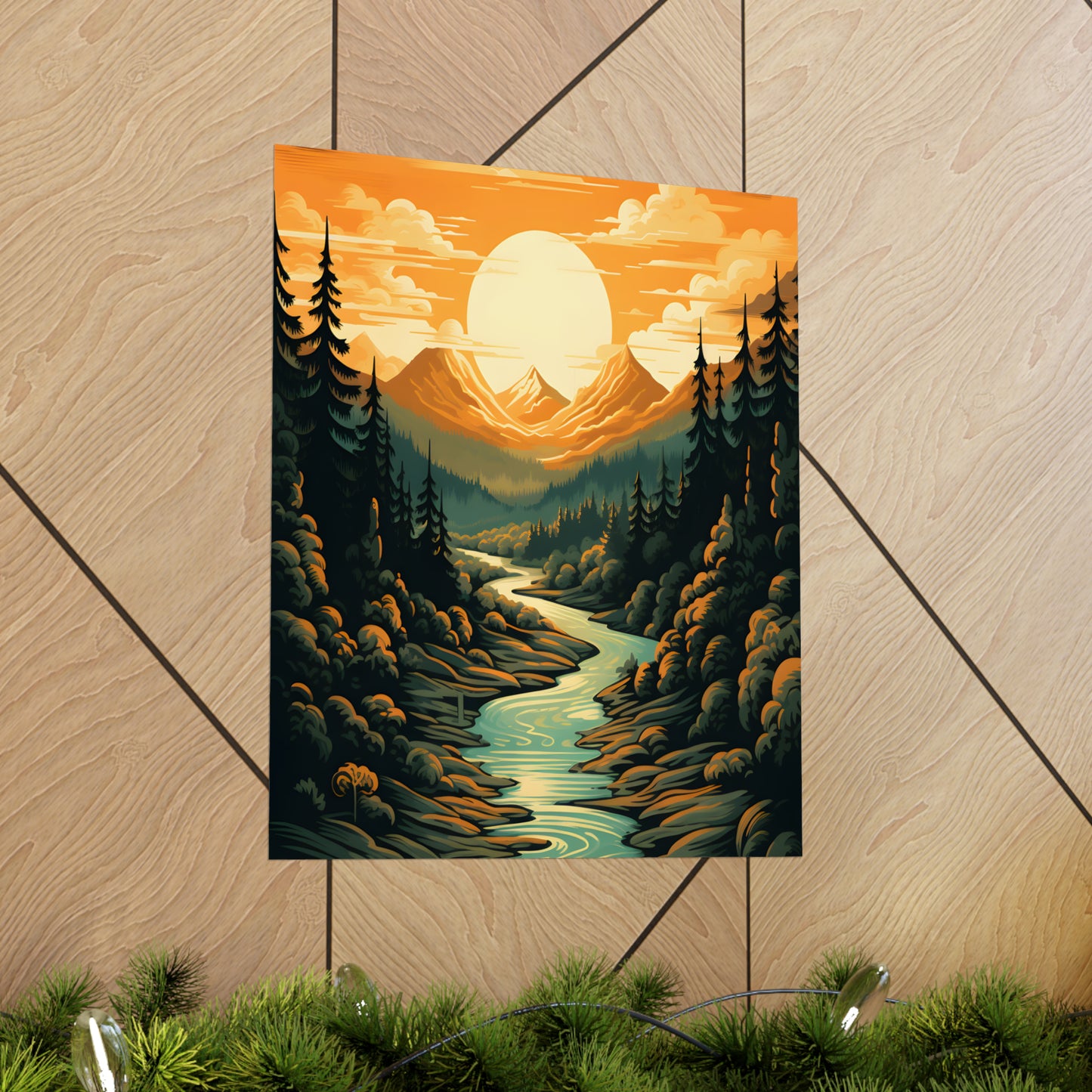 Mountain, River and Sunset view Matte Vertical Posters