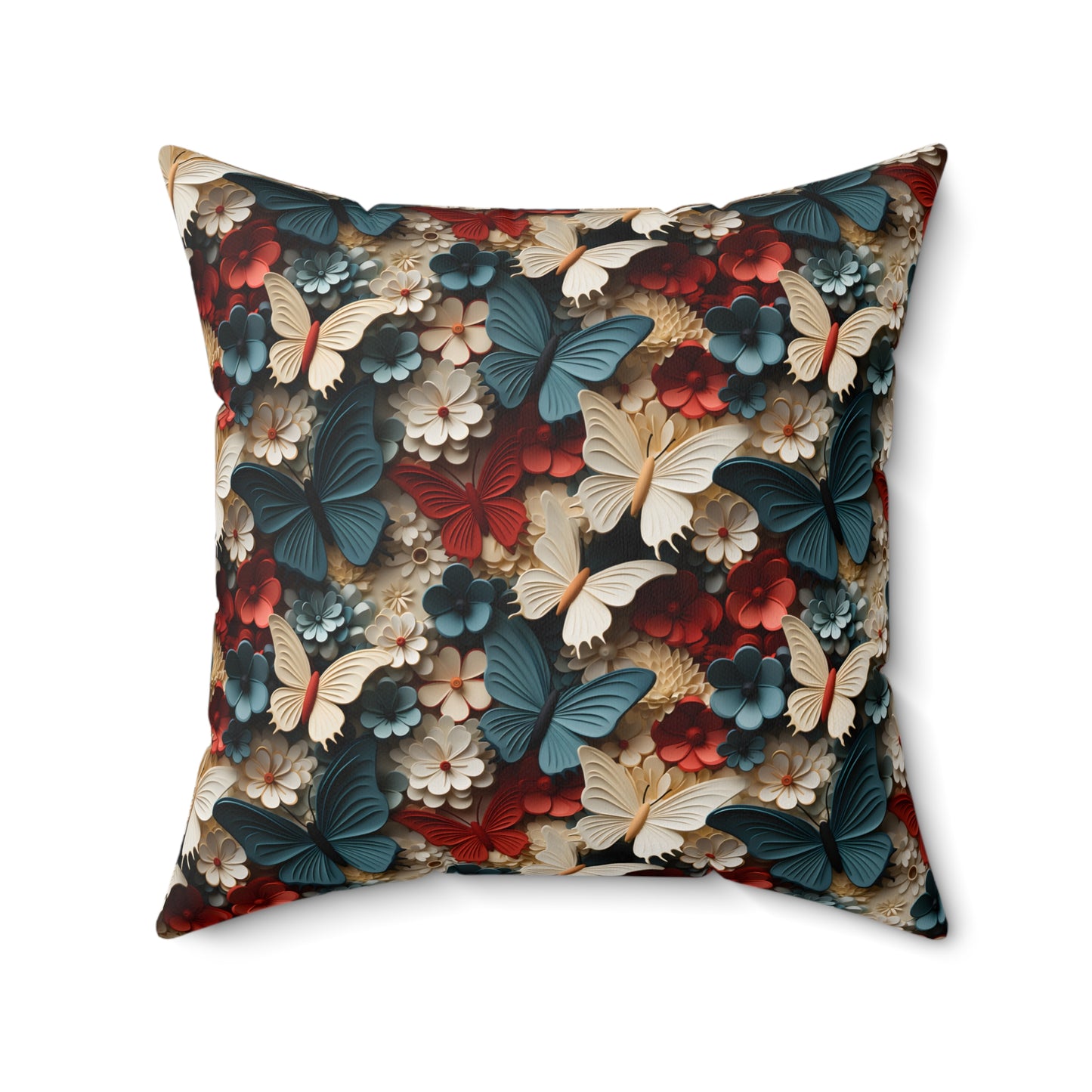 3D Butterflies and Flowers Spun Square Pillow