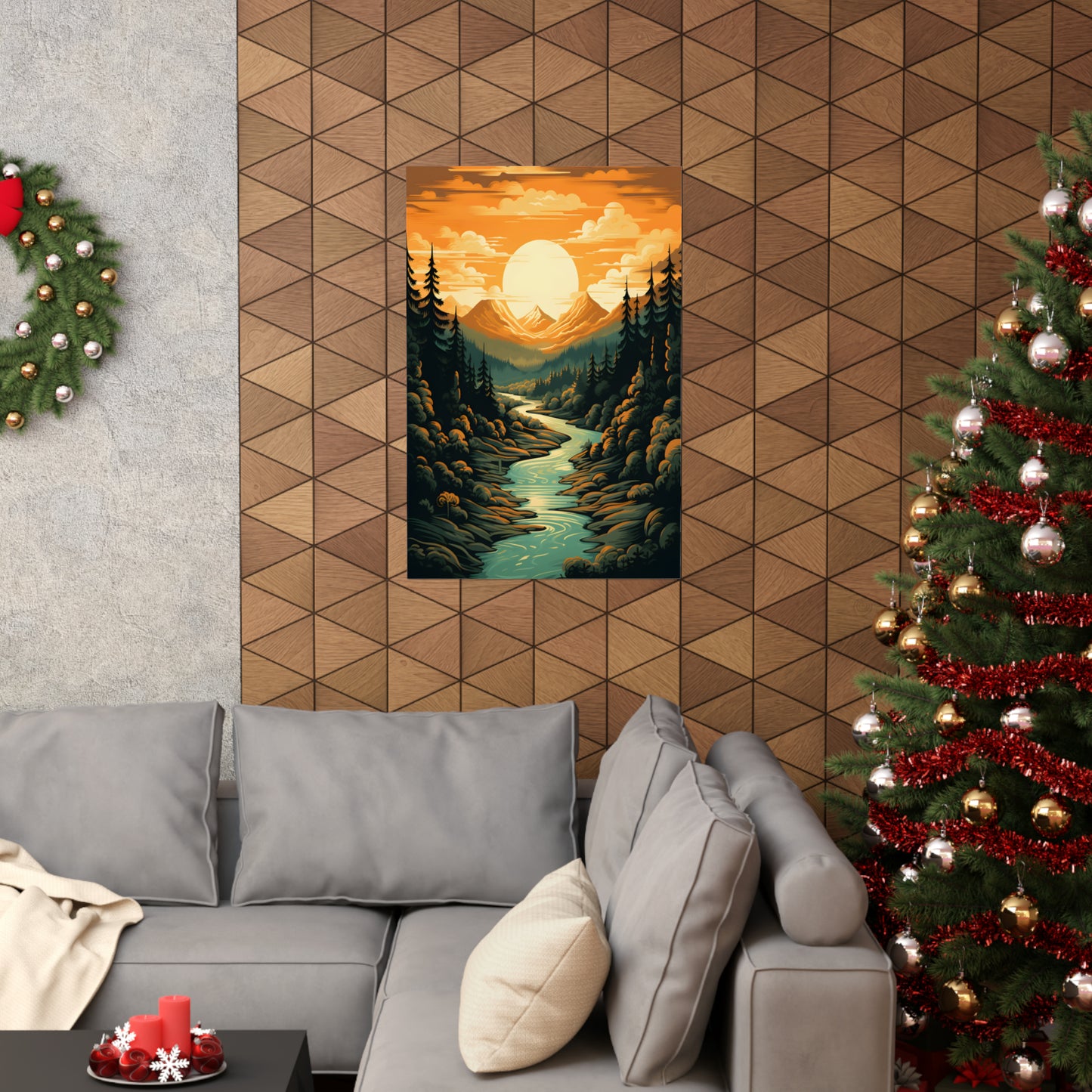 Mountain, River and Sunset view Matte Vertical Posters