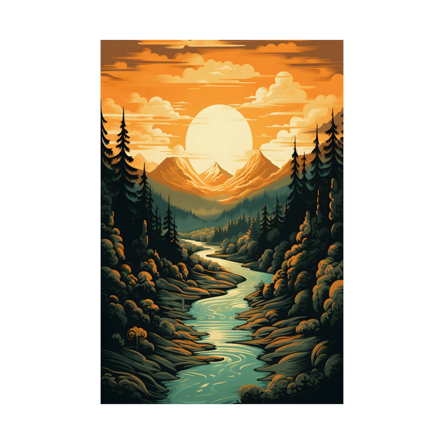 Mountain, River and Sunset view Matte Vertical Posters