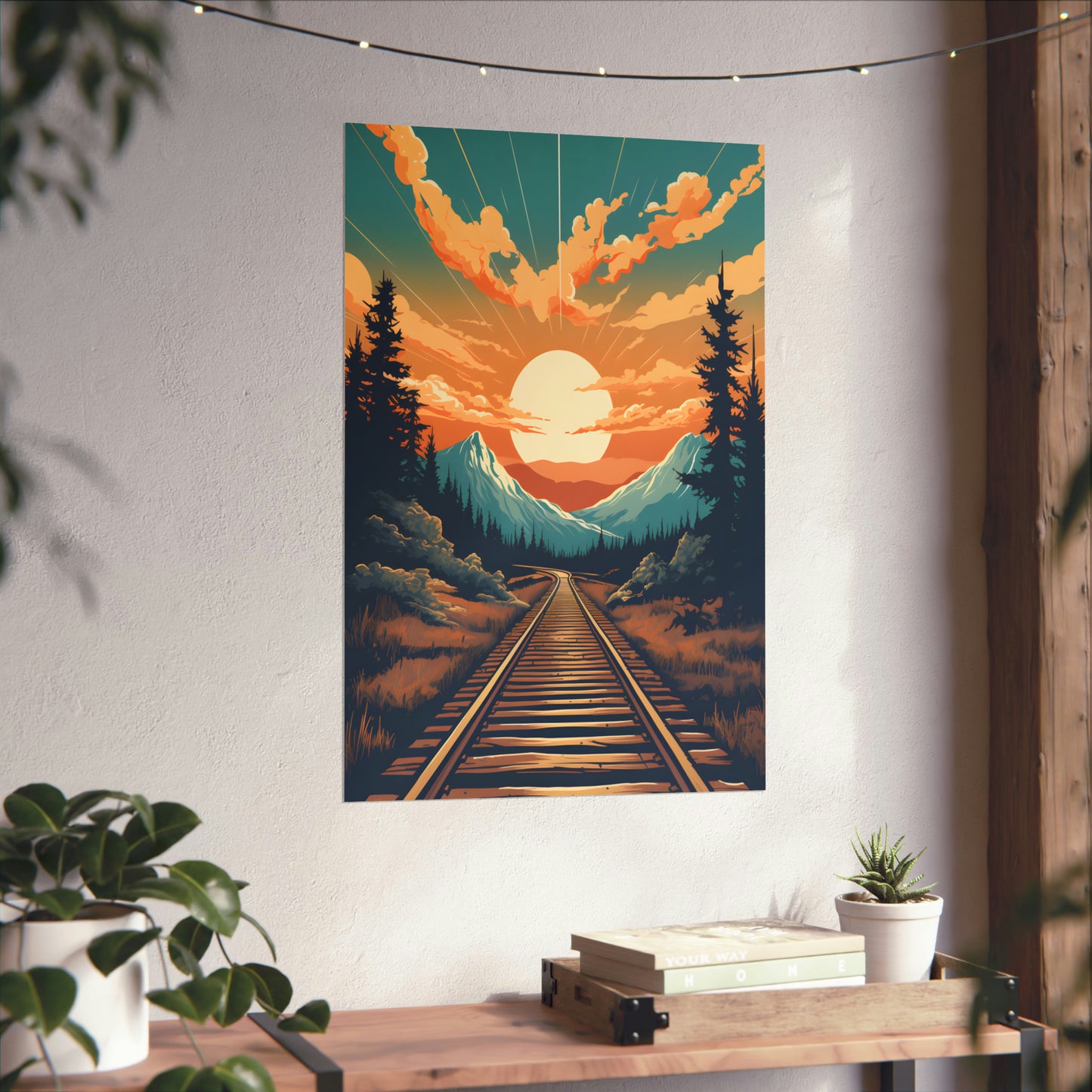 Mountain, Sunset and Train Track view Matte Vertical Posters