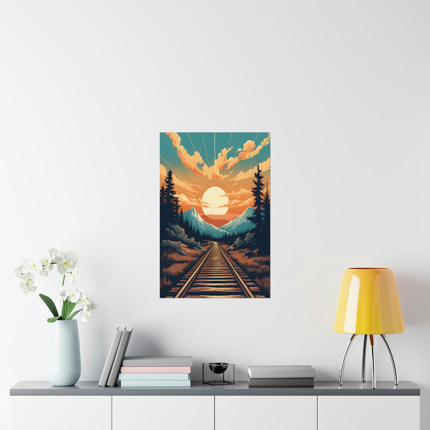 Mountain, Sunset and Train Track view Matte Vertical Posters