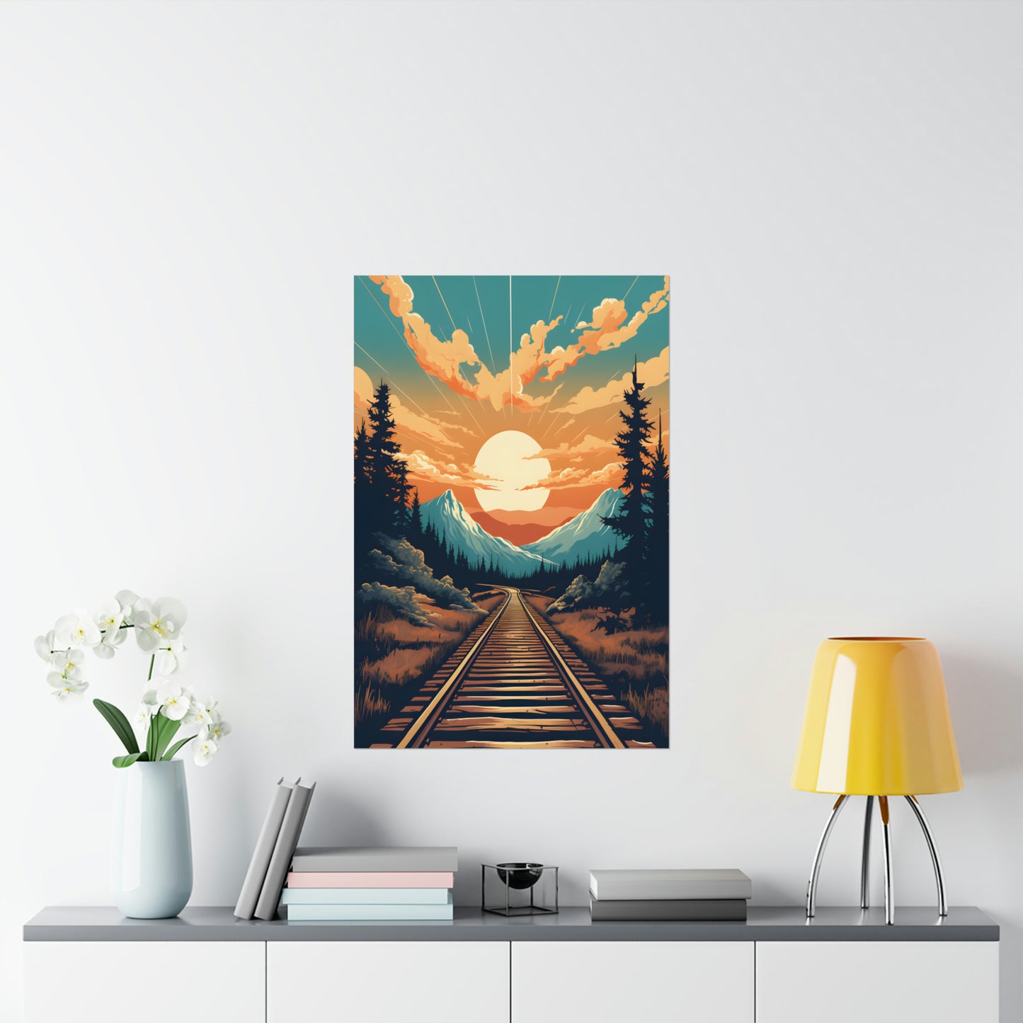 Mountain, Sunset and Train Track view Matte Vertical Posters