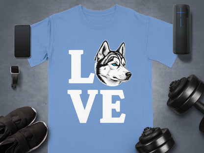 Love Husky Dog Graphic Blue T-Shirt for Pet Lovers Apparel