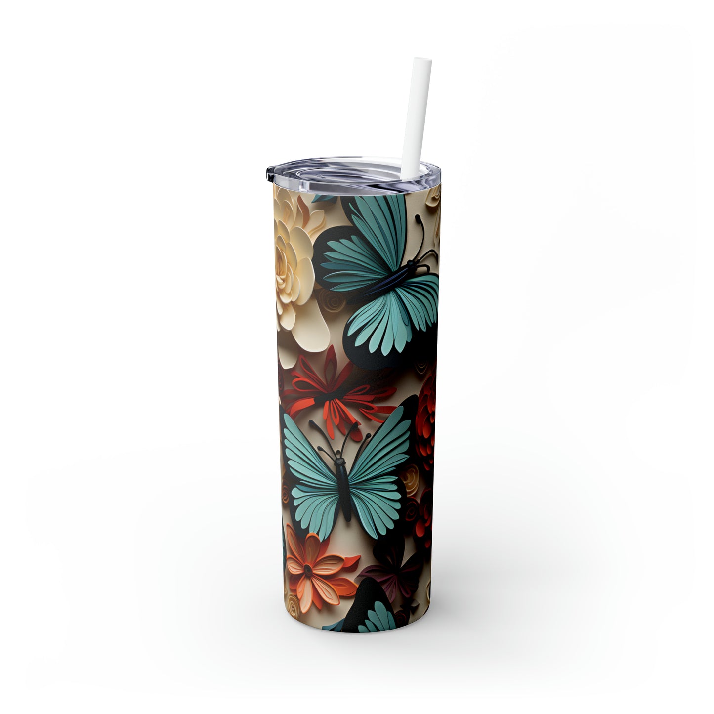 3D Flowers and Butterflies Skinny Tumbler with Straw, 20oz