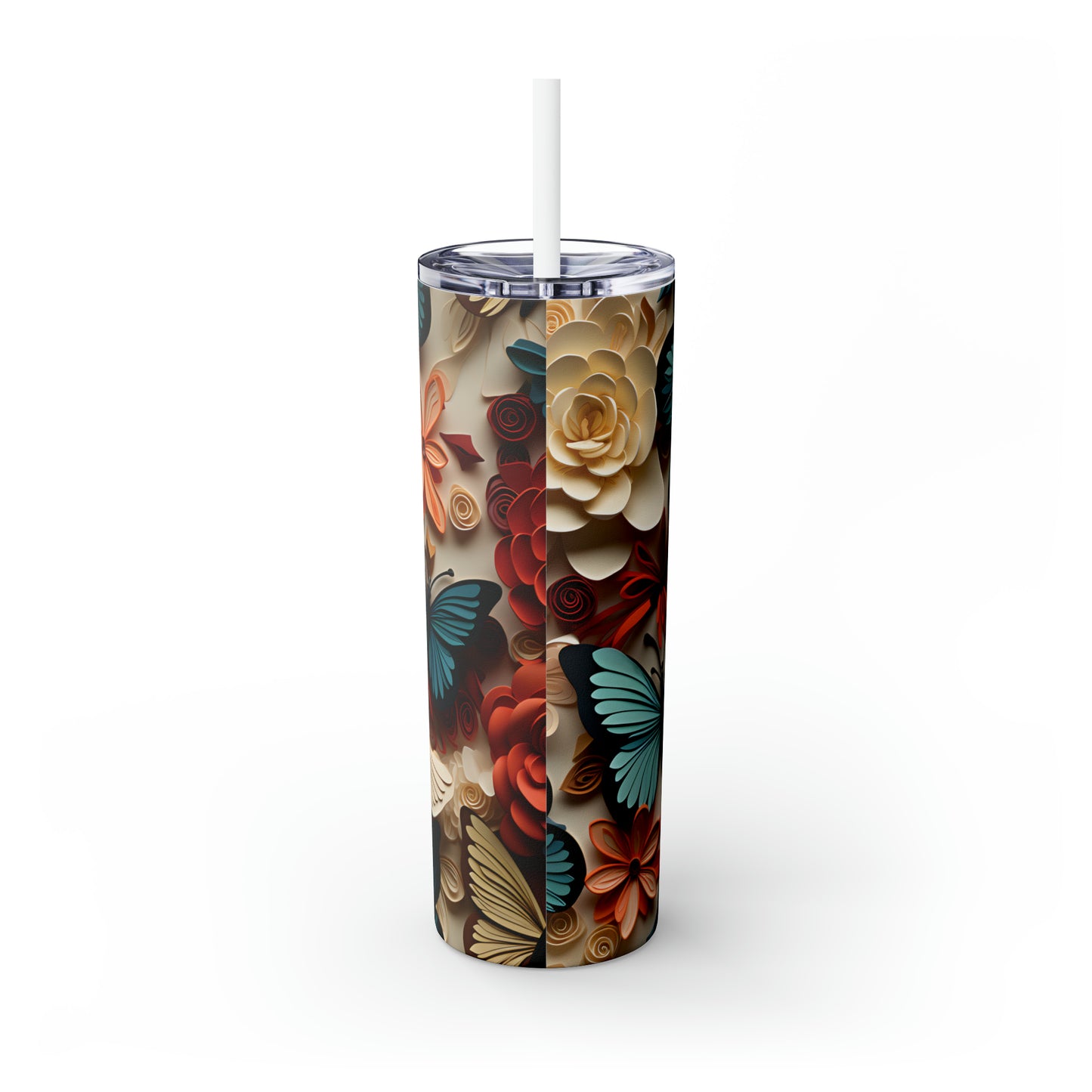 3D Flowers and Butterflies Skinny Tumbler with Straw, 20oz