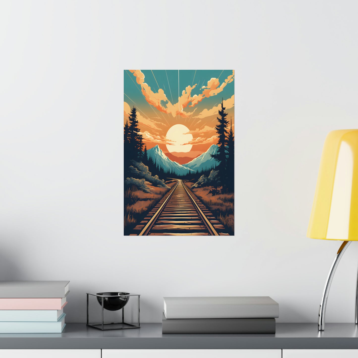 Mountain, Sunset and Train Track view Matte Vertical Posters