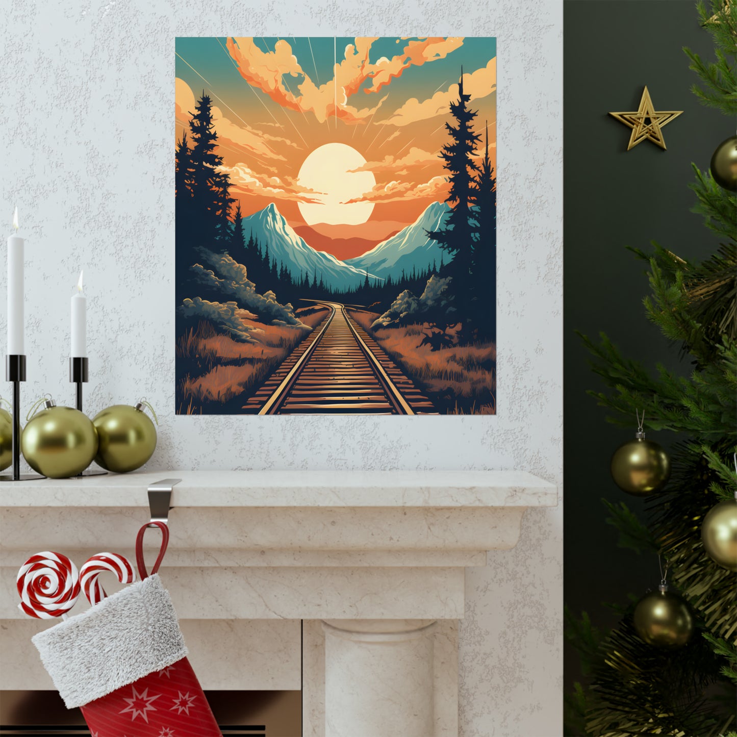 Mountain, Sunset and Train Track view Matte Vertical Posters