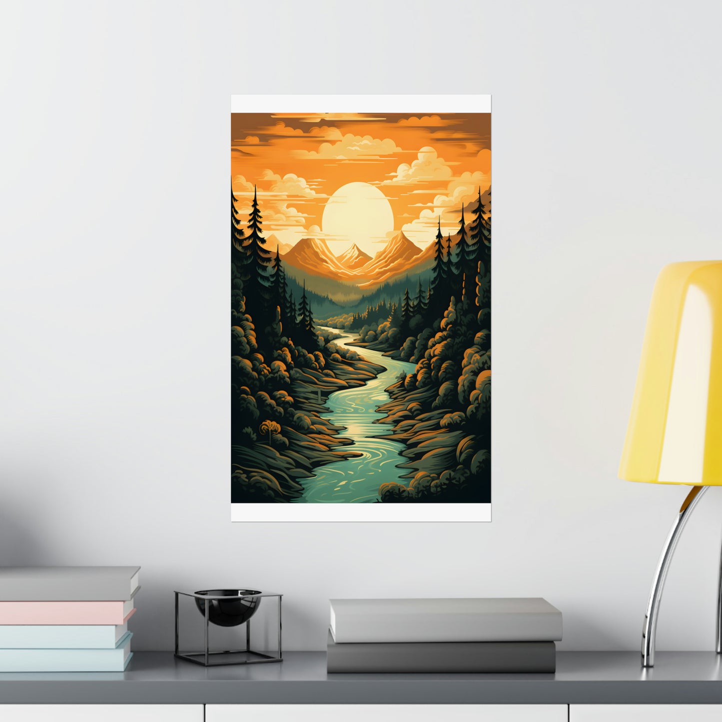 Mountain, River and Sunset view Matte Vertical Posters