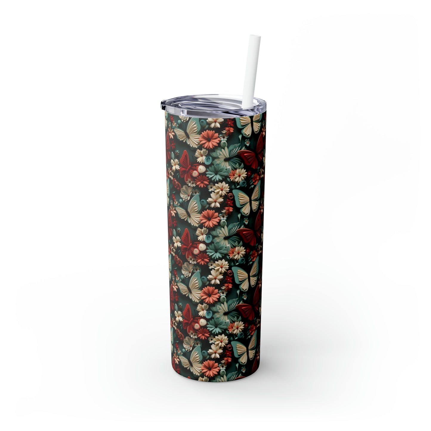 3D Flowers and Butterflies Skinny Tumbler with Straw, 20oz