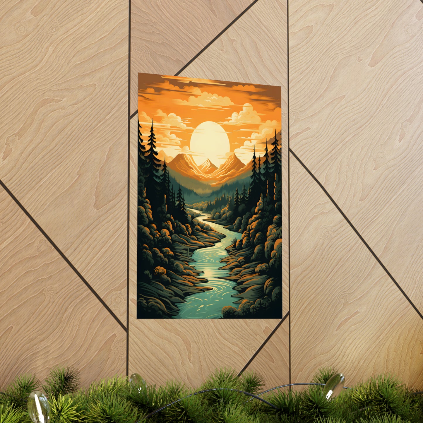 Mountain, River and Sunset view Matte Vertical Posters