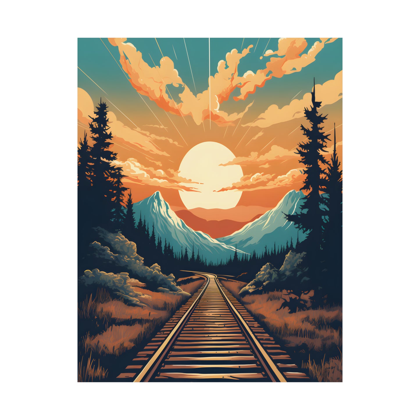 Mountain, Sunset and Train Track view Matte Vertical Posters