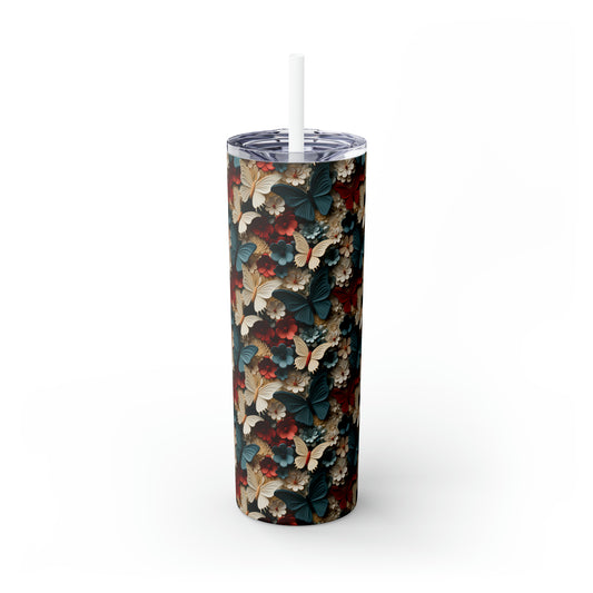 3D Flowers and Butterflies Skinny Tumbler with Straw, 20oz