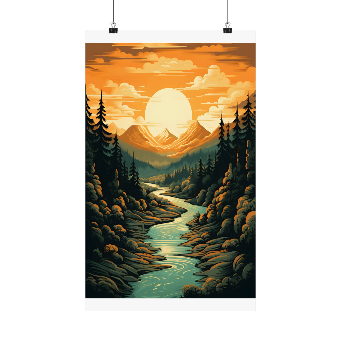 Mountain, River and Sunset view Matte Vertical Posters