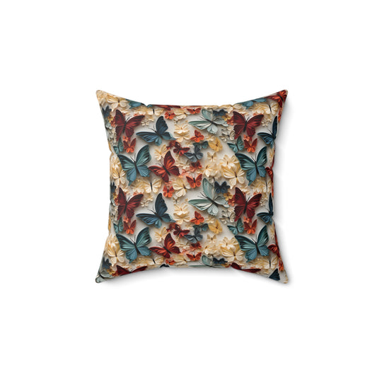 3D Butterflies and Flowers Spun Square Pillow