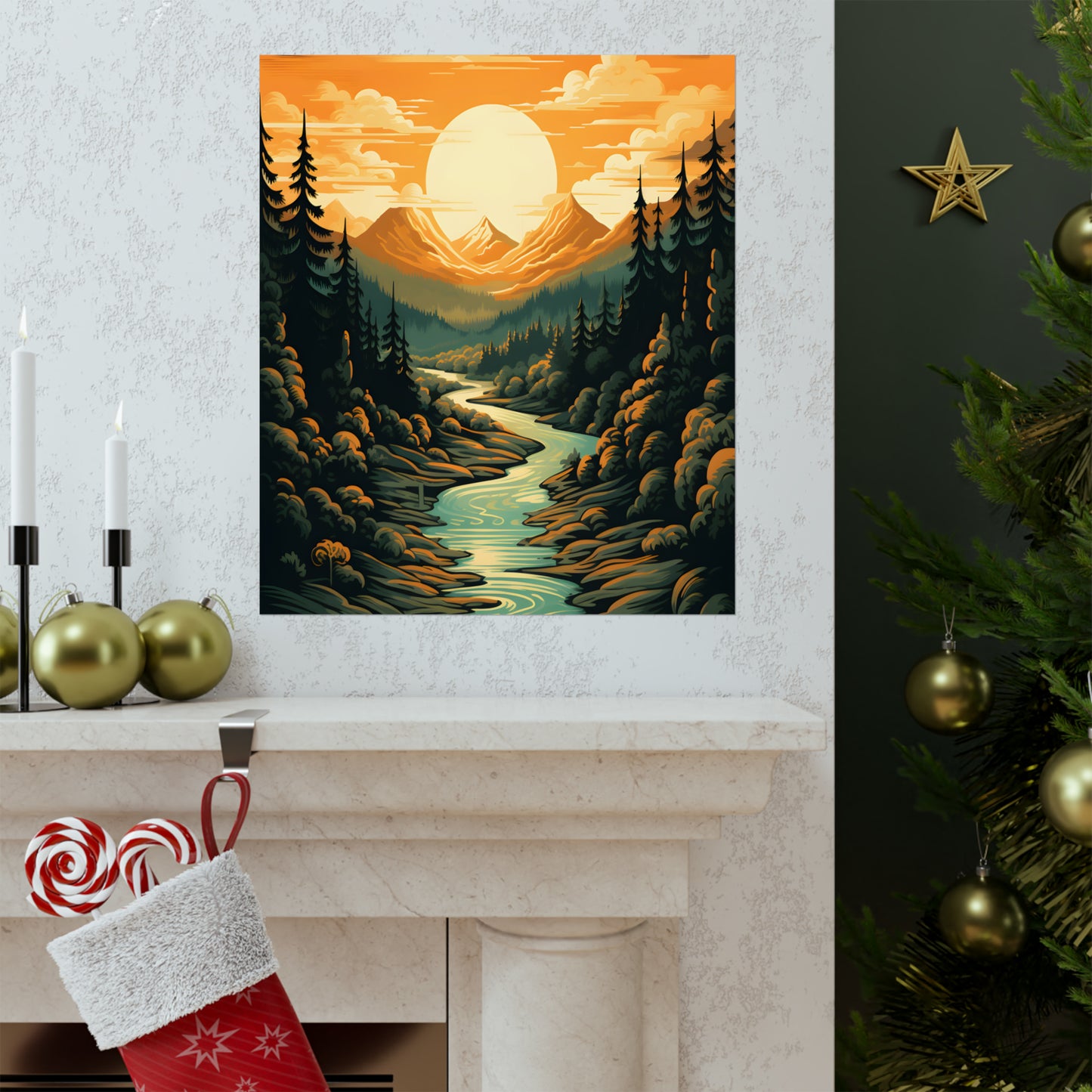 Mountain, River and Sunset view Matte Vertical Posters