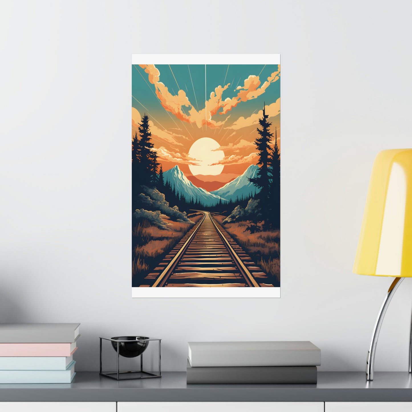 Mountain, Sunset and Train Track view Matte Vertical Posters