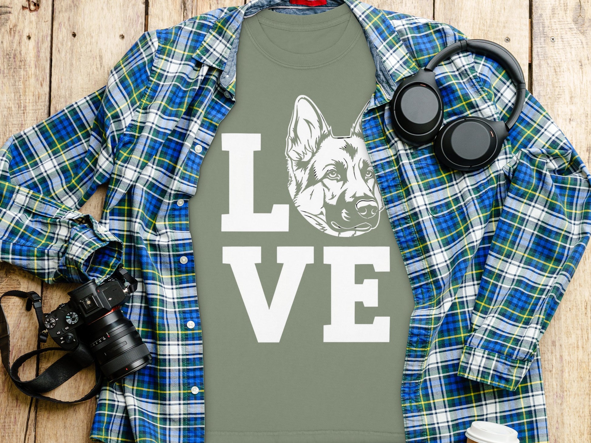 Love Dog Graphic Shirt Blue Plaid Flannel Outfit
