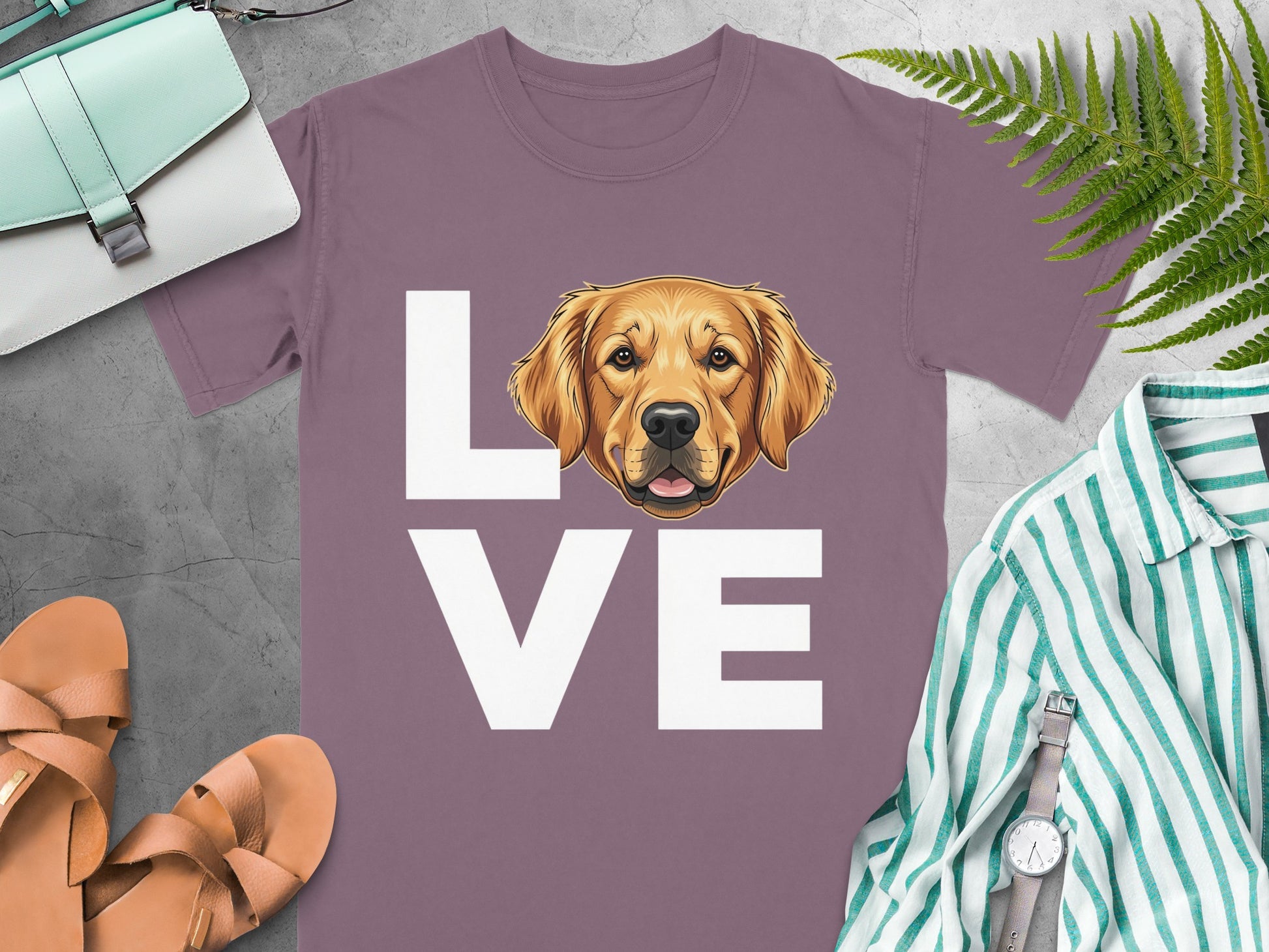 Love Dog Graphic Design on Purple T-shirt